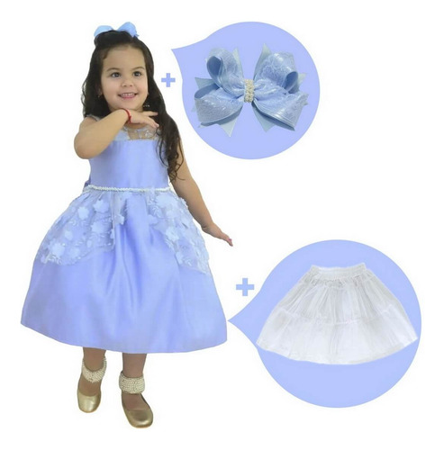 Kit Vestido Azul Serenity Tule + Saia Filó + Laço Cabelo