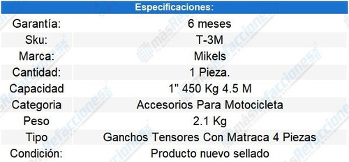 Gancho Tensor Con Matraca 4 Piezas, 4.5 Mts, 450 Kg Mikels