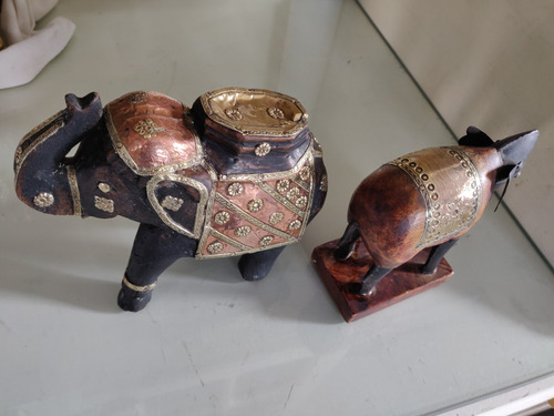 Antiguo Elefante De Madera Y Bronce Dorado (Usado)