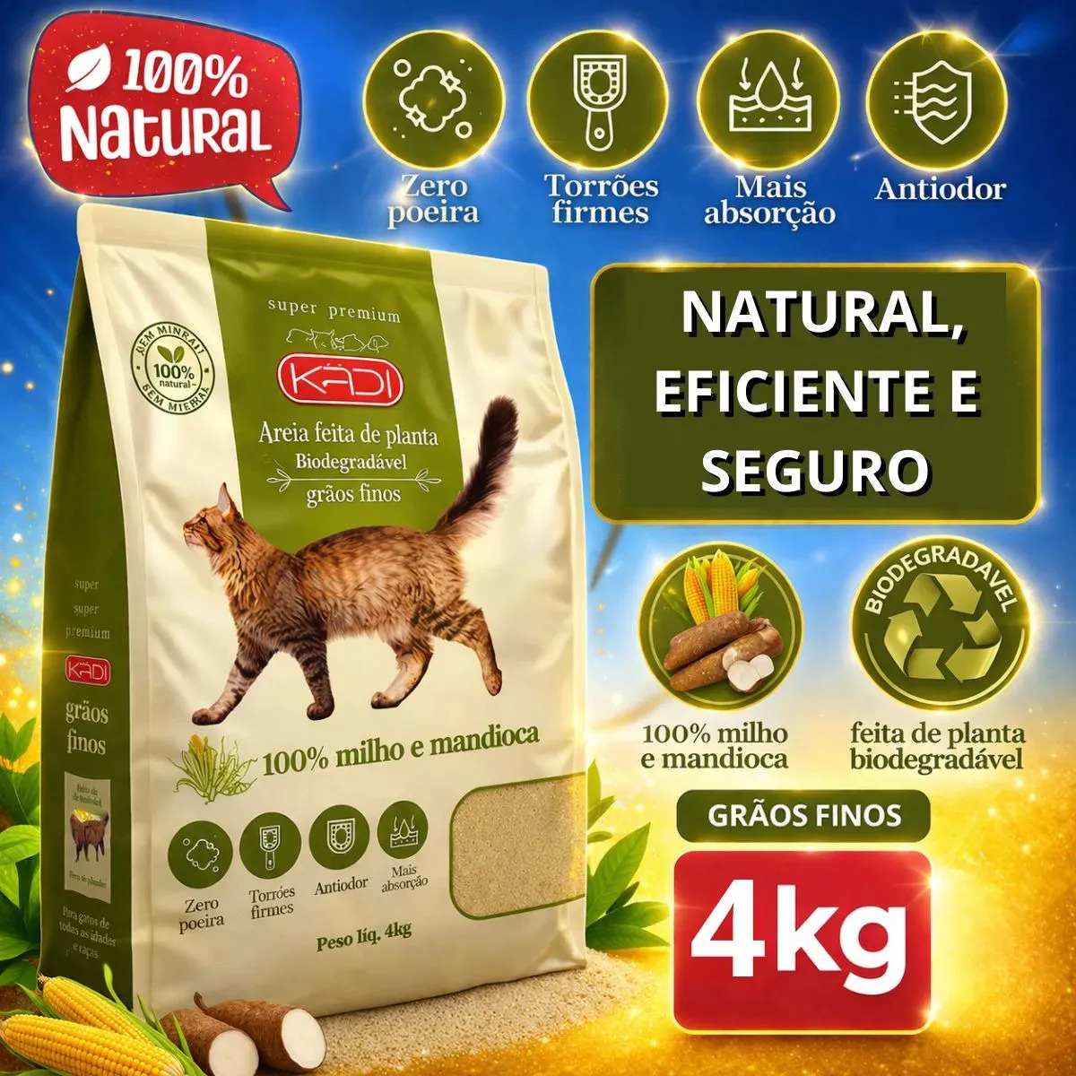 Areia Sanitária Kadi 4kg Grãos Finos Biodegradável Gatos, aquela areia que vira torroes 4