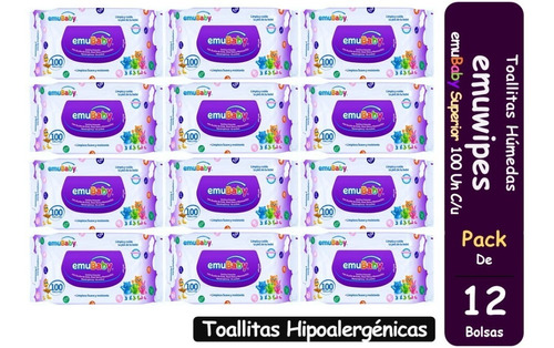 Toallitas Humedas Emuwipes Superior 100 C/u Pack X 12 Bolsas