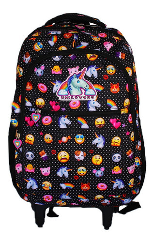 Mochila Escolar Notebook Rodinhas Emoji Carinha Zap Feminino Cor Preto Desenho Do Tecido Emoji