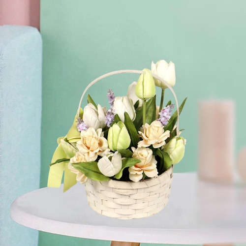 Tulipanes Artificiales En Maceta Con Cesta De Verde Claro