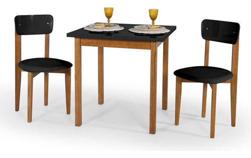Mesa Elisa de 80 x 80 cm y 2 sillas de comedor de tela de gamuza negra, color negro/negro