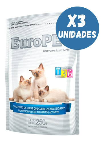 Europet Sustituto Lacteo Leche Para Gatito 3 X 250 Grs