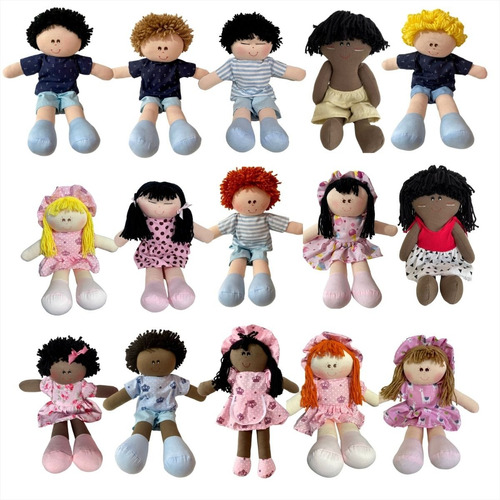Kit Bonecas E Bonecos De Pano 30cm C/ 15 Unidades Sortidas