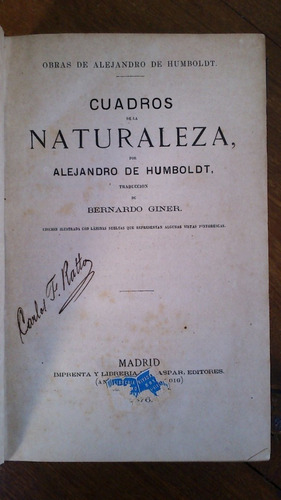 Cuadros De La Naturaleza - Alejandro De Humboldt 1876 Prim.