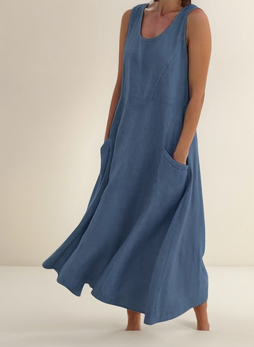 Vestido Casual De Mujer Color Liso Sin Mangas Algodón Lino