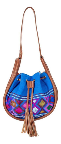 Bolso Crossbody Con Telar Artesanal Y Piel Grabada Bolsa Color Café/Azul Diseño de la tela Ana Telar Étnico