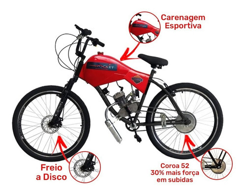 Bicicleta Motorizada 80cc Coroa 52 Fr/susp - Carenada Cor Vermelho Ferrari