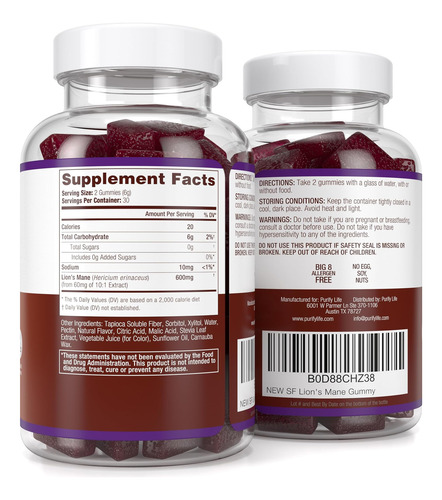 Gomas De Suplemento De Juba De Leão Sem Açúcar Purify Life -