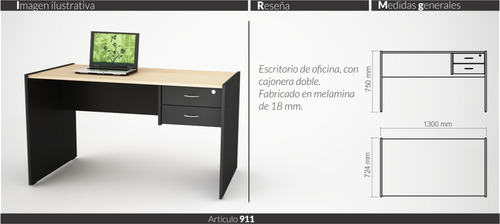 Imagen 8 de 8 de Escritorio Oficina 2 Cajones 1 C- Cerrad 130 X 70. Cod. 911.