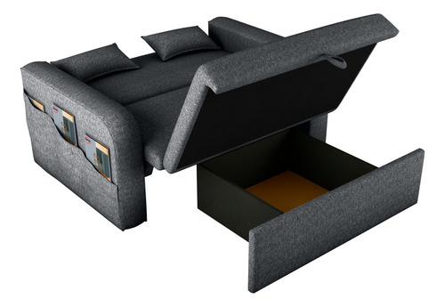 Sofá Cama Versátil 2 Lugares Para Sala De Descanso Com Encosto Reclinável E Báu Organizador Linho Cinza