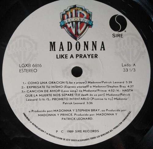 Madonna - Like A Prayer - Lp Album - Insert (Usado)
