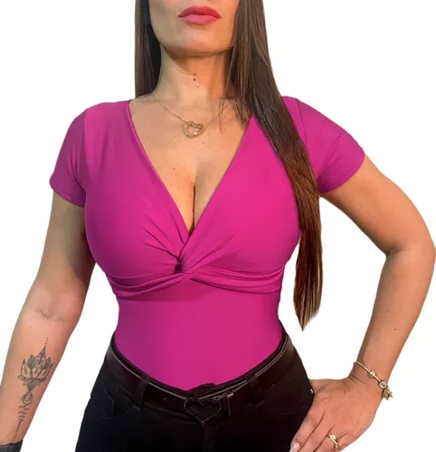 Body Blusa Feminina Manga Curta Decote V Nózinho Social Bojo