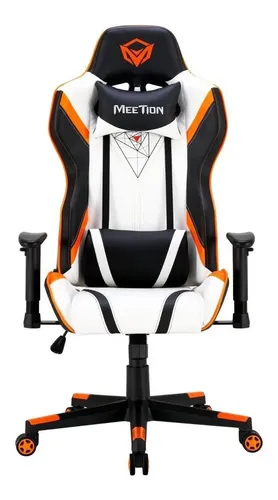 Silla de escritorio Meetion CHR15 MT-CHR15 gamer ergonómica negra, blanca y naranja con tapizado de cuero sintético
