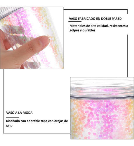 Vaso Termo Glitter Con Popote Y Tapa Gato Para Personalizar Color Rosa