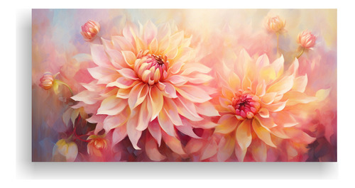 40x20cm Cuadro Abstracto De Flores Dahlias En Dorado Y Rosa