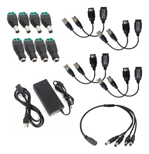 Pack Balun Hd Conector Plug Macho/hembra Fuente Utp Cctv Pse