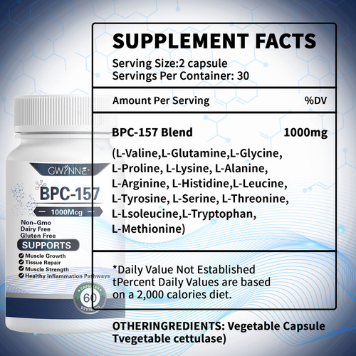 Gwynne Cápsulas De Péptidos Bpc-157 1000mcg De Alta Potencia Para La Recuperación Muscular Y Del Ejercicio, Recuperación Acelerada Y Curación Intestinal 60 Cápsulas