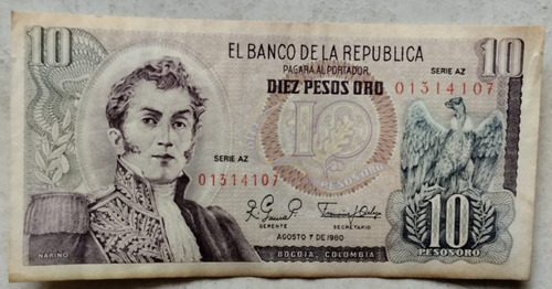 Billete Antiguo De 10 Pesos Colombianos 