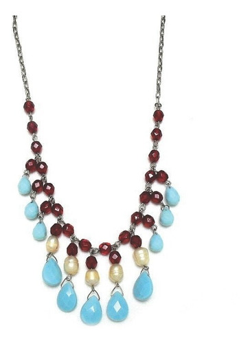 Colar Prateado,cristais Bordo,turquesa, Perola 4468 C G
