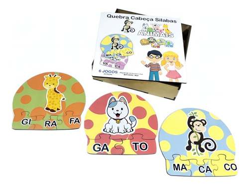 6 Kits Quebra Cabeça Educativo Sílabas Animais Em Madeira