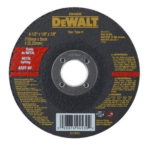 Disco De Corte Metal 4.1/2x1/8x7/8 Dw44530 Dewalt