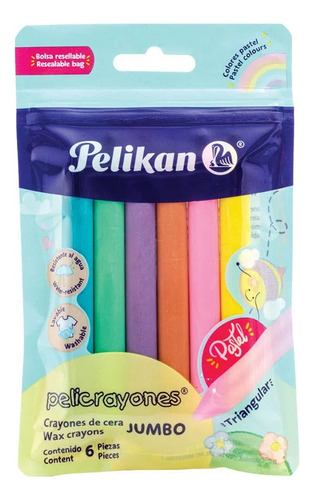 Crayón Triangular Jumbo Caja De 6 Pzs Colores Pastel Pelikan