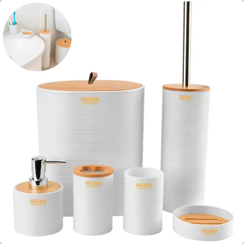 Kit Banheiro Conjunto De Acessórios Moderno Bambu Lixeira Saboneteira Escova Cor Branco Irsina winda