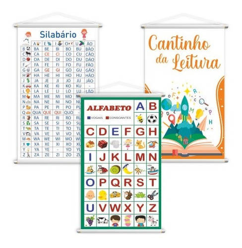 Silabário + Leitura + Alfabeto Vogais Kit 3 Banners 80x50cm