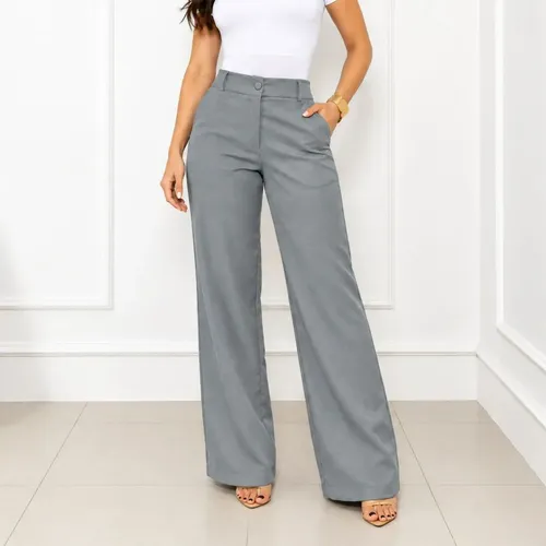 Calça Pantalona Alfaiataria Feminina Wide Leg Cintura Alta