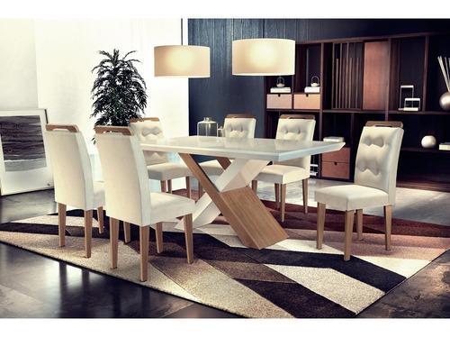 Conjunto Sala De Jantar Carol 180 Mdf Vidro Com 06 Cadeiras Cor Veludo Creme/Off White/Imbuia/Serig. Off