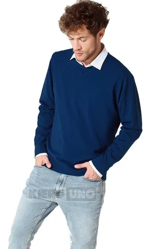 Sweater Hombre Lana Cuello Redondo Saco Fino Azul Kierouno