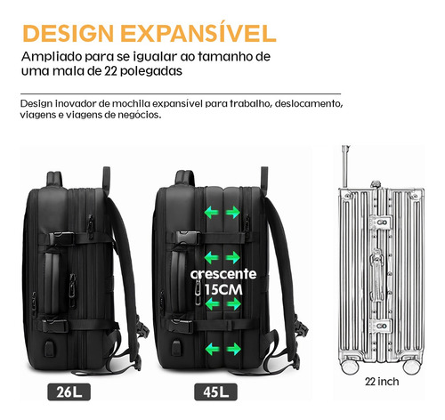 Mochila Masculina Executiva Expansível Para Viagem 45l