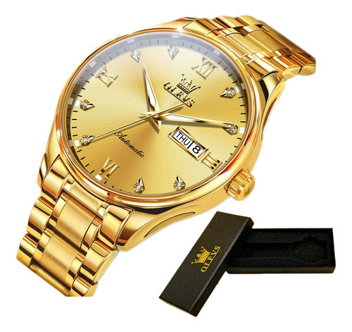 Reloj De Pulsera Mecánico Automático Casual Olevs Para Hombr Color Del Fondo Dorado