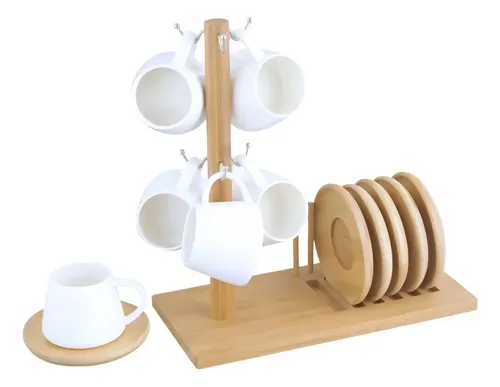 Jogo 6 Xicaras Café 90ml Porcelana Pires Suporte Bambu Oásis