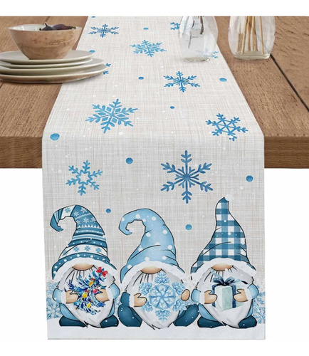 Caminos De Mesa De Lino Con Diseño De Gnomos Azules Para Inv