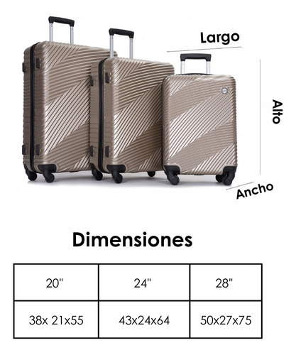 Set De Equipaje Rígido 3 Maletas 20,24 Y 28 Pulgadas Dorado Rayas