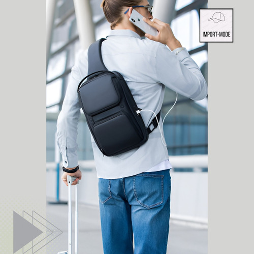 Bandolera Morral Multidivisoria Usb Impermeable Premium Negro Liso Níquel Negro