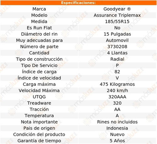4 Llantas Assurance Triplemax Goodyear Medida 185/55r15 82v