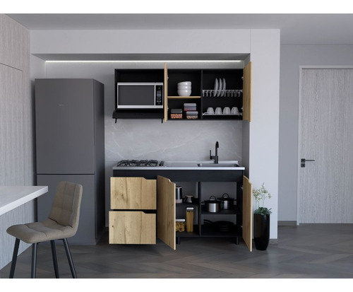 Cocina Integral Mound Café Claro Y Wengue, Mesón Derecho Color Negro