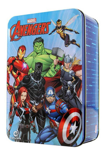 Livro Lata Marvel Avengers Culturama Com 3 Livros + Adesivos + Giz + Poster