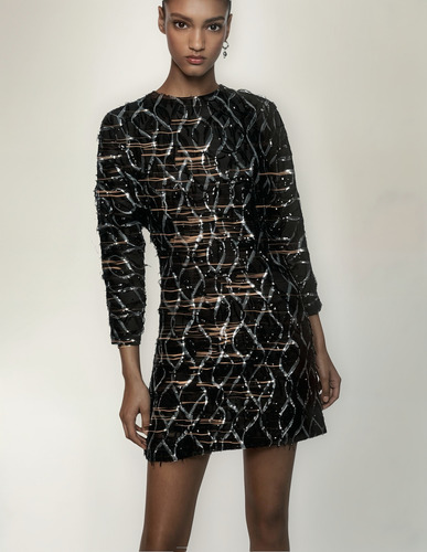 Vestido Zara M Negro Con Flecos De Lentejuelas Plata Fiesta