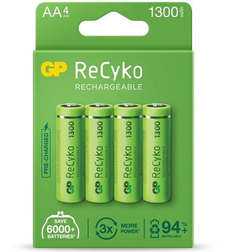 Imagen 1 de 8 de Pilas Aa Recargables Gp 1300mah Nimh Recyko Pack X 4 Unids