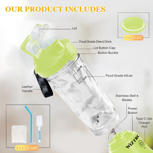 Licuadora Portátil Wiztronix Inalámbrica De 600 Ml Con Acero