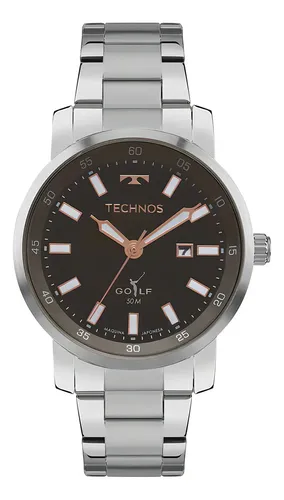 Relógio Technos Masculino Golf 44mm Prata Aço Cinza Resistente 50m