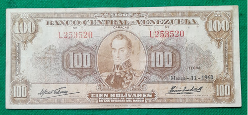 Billete De 100 Bolivares Venezuela, Año 1960, Pinholes