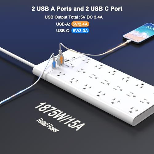 Protector Sobretensiones 19 Tomas, 4 Usb, Cable 6 Pies 1875w