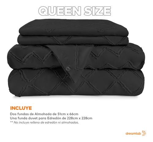 Juego de Funda Para Edredon Duvet con Textura Dreamlab, Tamaño Queen, Color Negro